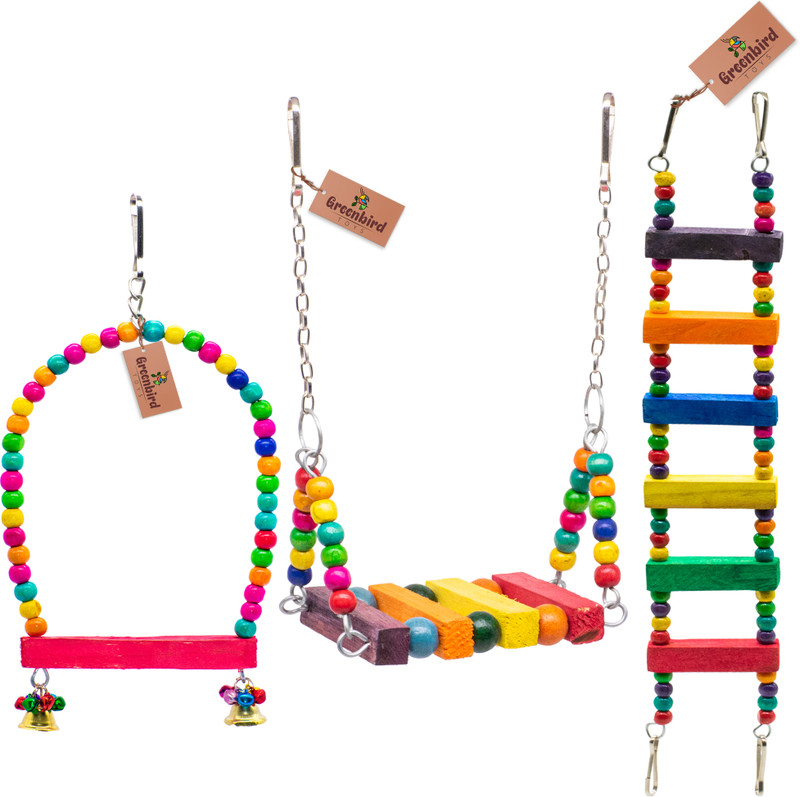 GREENBIRDS TOYS Combo Of 3 Wooden Bird Toys, Swings, Perchs, Cage Toy, For Your Bird Wooden Chew Toy For Bird