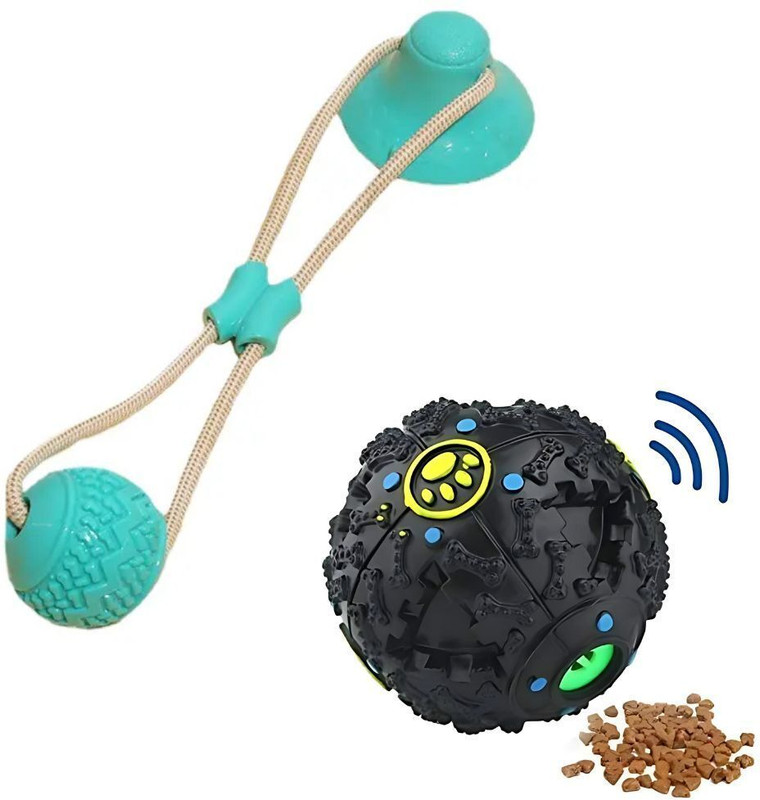 Petsoft Suction Tug Toy & Treat Dispensing Rubber Ball Combo for Dogs – Interactive Rubber Ball For Dog & Cat