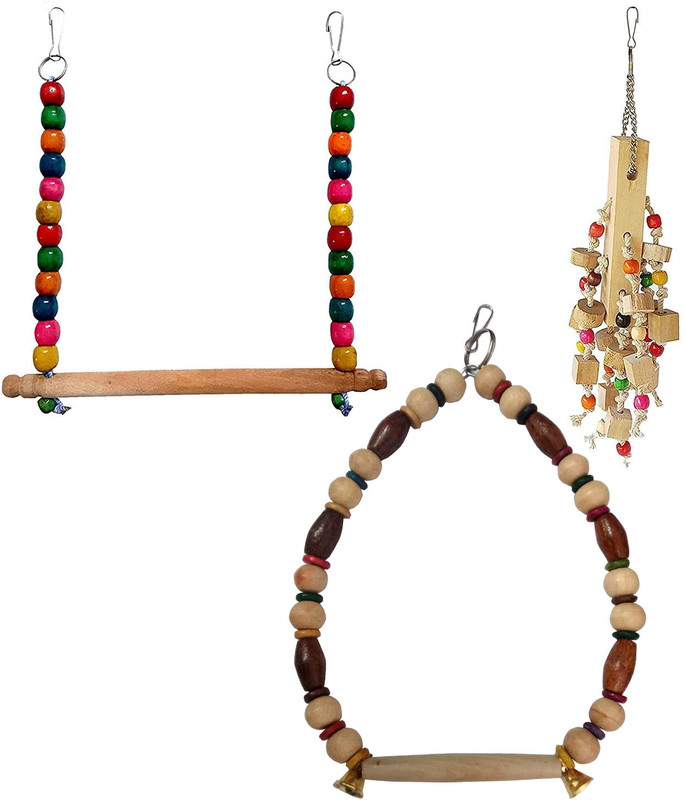 Jainsons Pet Products Bird toy Parrot Chewing Toys-Hanging Bell Bird Cage Toys Combo of 3 Bird chew toy Wooden, Cotton Chew Toy For Bird