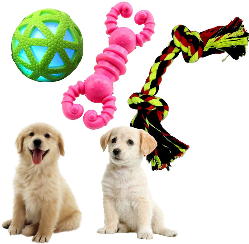 Jainsons Pet Products Pets chew Toys Combo of 3 / Blinking Ball, Rubber Chew Bone and 2 Knot Rope Rubber, Cotton Chew Toy, Tug Toy, Bone For Dog & Cat