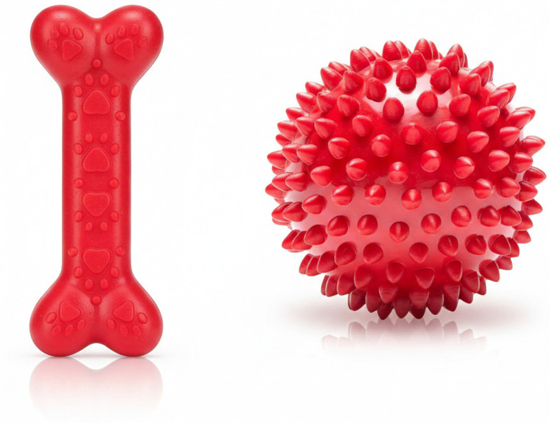 apnistore Combo Red Dog Chew Toys – Bone & Spiky Ball Set Rubber Chew Toy For Dog & Cat