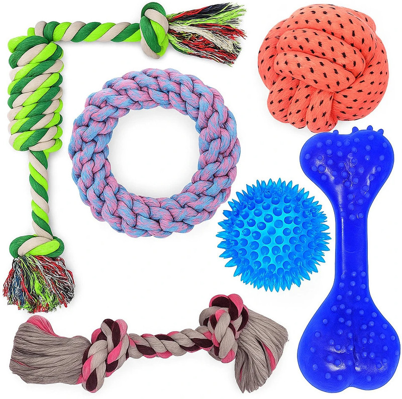 decorvaiz Interactive Dog Playing Toys For Small To Medium Breed(6 In 1 Combo Gift Pack) Cotton Ball, Bone, Tug Toy, Fetch Toy, Squeaky Toy, Training Aid, Tough Toy, Chew Toy For Dog