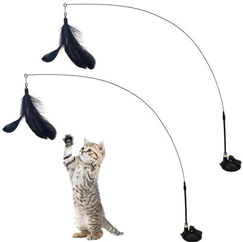 PROBEROS Interactive Cat Teaser Toy with Bell and Suction Cup for Kittens and Cats 2 Pack Fiber Stick For Cat