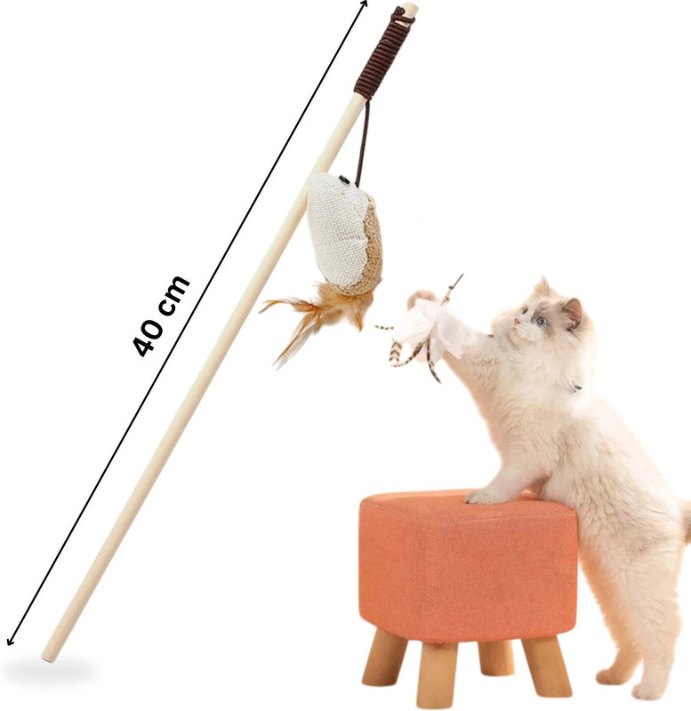 FAB TECH Cat Teaser Toy Stick | Wooden Wand with Feather Mouse & Bell, Wooden, Cotton Fetch Toy, Stick For Dog & Cat