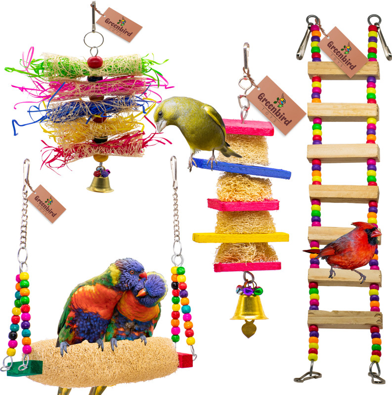GREENBIRDS Combo Of 6 Bird Toys Swing, Perches, Foraging Shredder Toys For Bird & Parrot Wooden Chew Toy, Training Aid, Perch For Bird