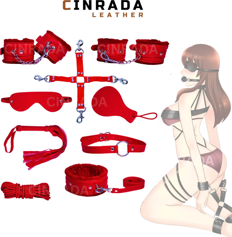 cinrada Handcuff Role Play kit Premium Quality Red 9 Pcs Set for Couples Leather Soft Toy For Dog