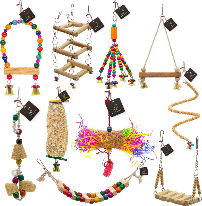 PETZOO Bundle of 6 Cage Accessories Includes Crinkle Shredder, Swing, Ladder & Perches Wooden Chew Toy, Training Aid, Perch For Bird