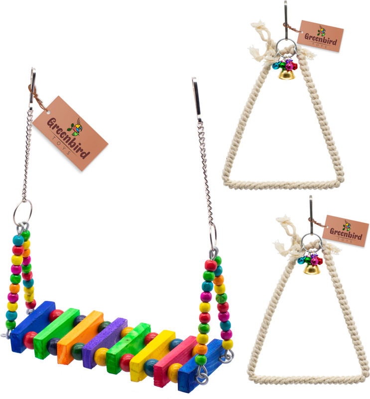 GREENBIRDS TOYS Combo Of 3 Bird Toys Spiral Hanging, Perch & Swing Cage Toy For Your Bird Wooden Chew Toy, Training Aid, Perch For Bird