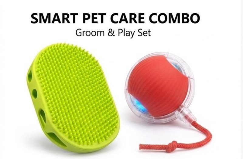 Pawmino Pet Grooming Gloves & Red Ball Combo | Hair Removal & Play Toy Silicone Ball For Dog & Cat