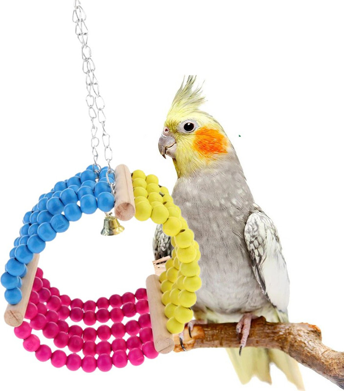 Sage Square Bird Natural Wooden Beads Hanging Swing Ring Toy Cage Accessories for all Birds Wooden Perch, Training Aid, Stick For Bird