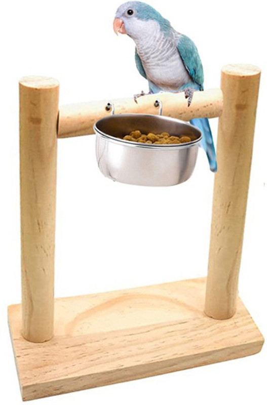 Western Era Bird Wooden Stand with Stainless Steel Bowl, Platform for Bird Food & Watering Wooden Training Aid, Stick For Bird