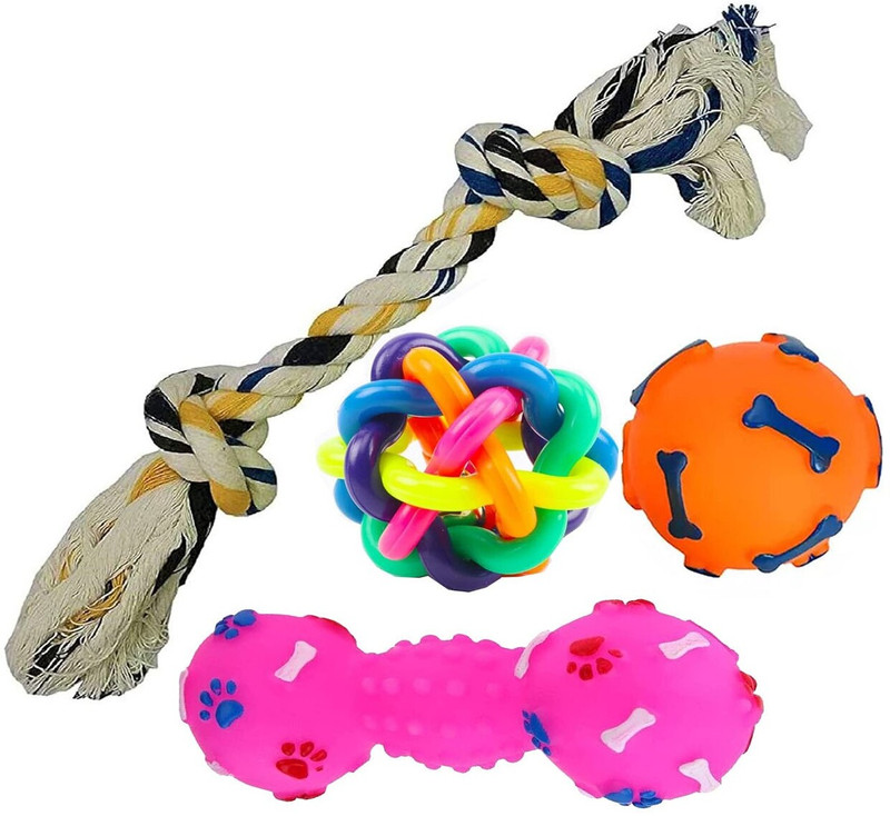 W9 Pet Products Combo of 4 Toys for Small Breed Puppy-Rope,Rainbowball, Ball with Dumbbell Rubber Fetch Toy, Rubber Toy, Soft Toy, Squeaky Toy For Dog