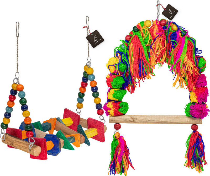 PETZOO Bundle of 8 Birds Toys Climbing Net, Crinkle Chew, Swing, Ring Perch & Hangings Wooden Chew Toy, Training Aid, Perch For Bird