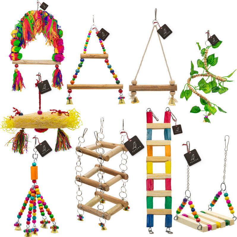 PETZOO Bundle Of 3 Bird Perches Wooden Chewable Toys For Parrots, Budgies & Birds Wooden Chew Toy, Training Aid, Perch For Bird