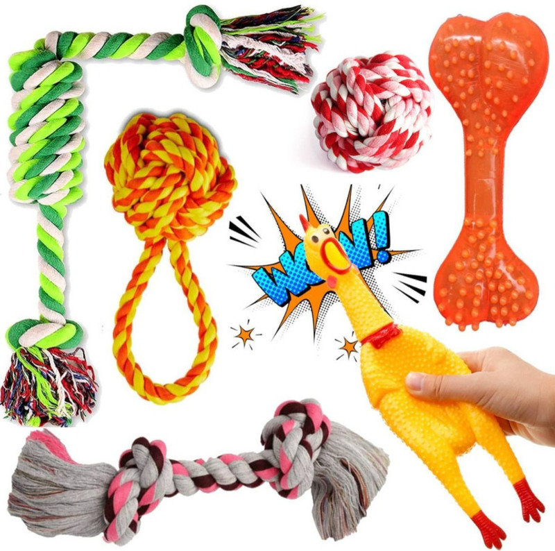 decorvaiz Puppies Combo Kit for Small and Medium Dog-6in1 Chew Toys for Puppy Cotton Squeaky Toy, Bone, Ball, Rubber Toy, Tug Toy, Chew Toy For Dog & Cat
