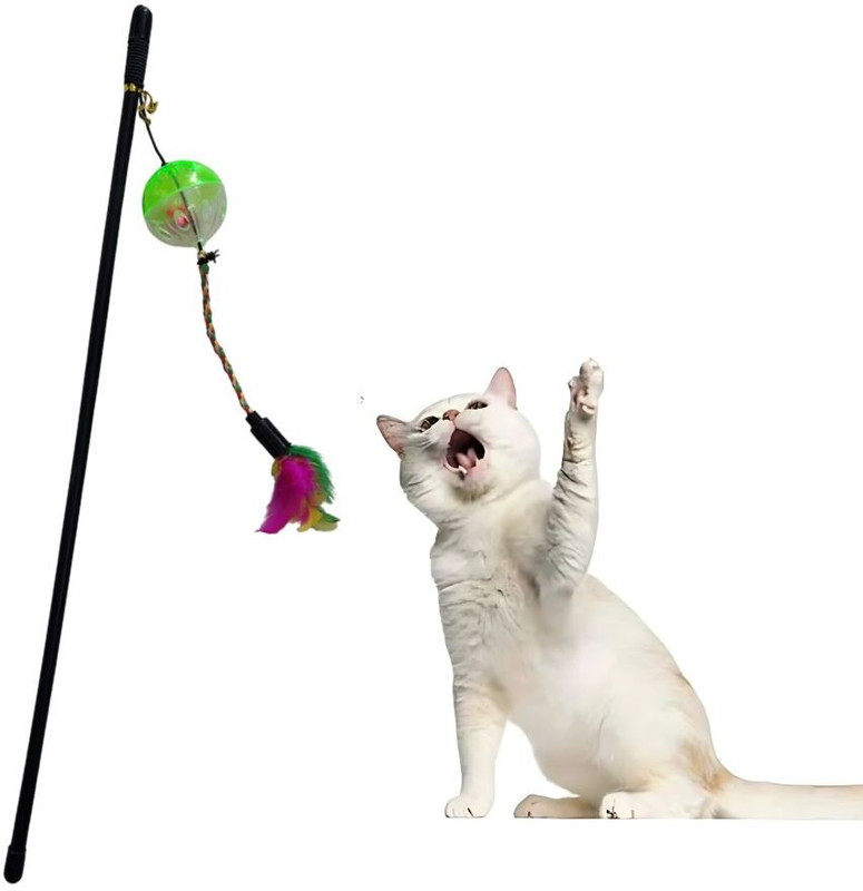 Petfun Colorful Feather Teaser Wand | Interactive Cat Toy with Bells Plastic Training Aid For Dog & Cat