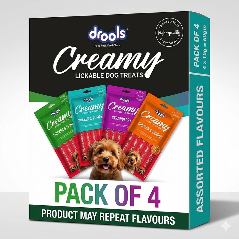 Drools Drools Puppy & Adult Dog Treats Creamy Treats Assorted Pack Chicken, Spinach, Carrot, Strawberry Dog Treat(375 g, Pack of 4)
