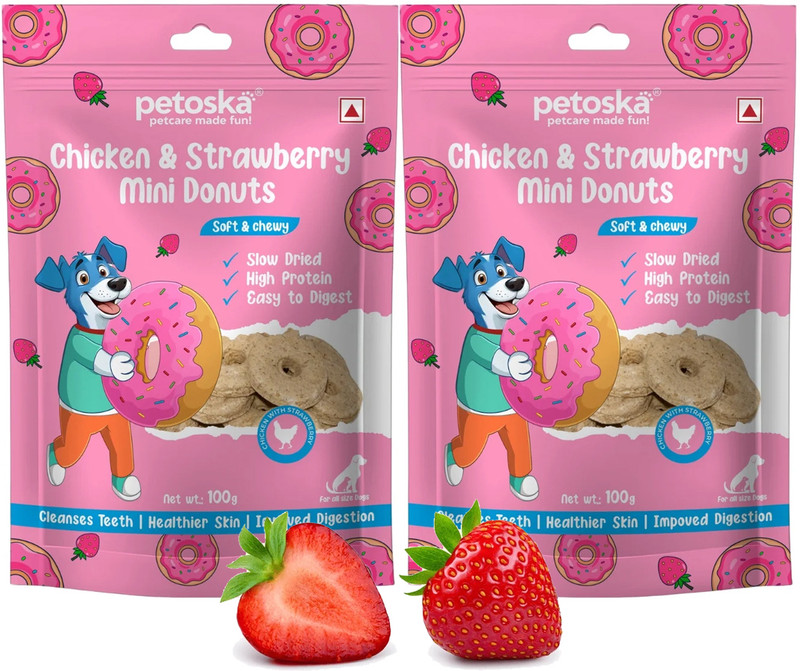 PETOSKA Dog Treats Chicken and Strawberry Mini Donuts- 100gms | Pack Of 2 Chicken, Strawberry Dog Treat(200 g, Pack of 2)
