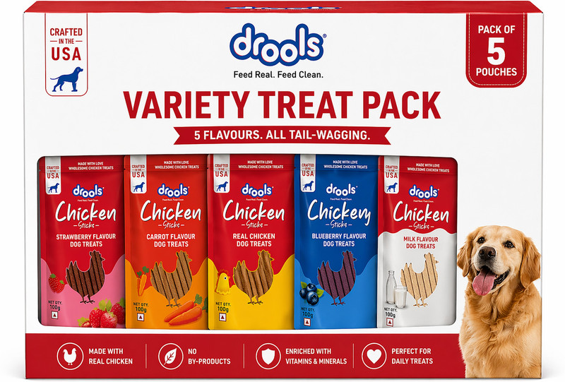 Drools Puppy Chew & Adult Dog Treats Sticks, Variety Treat Pack Strawberry, Blueberry, Chicken, Milk, Carrot Dog Treat(500 g, Pack of 5)
