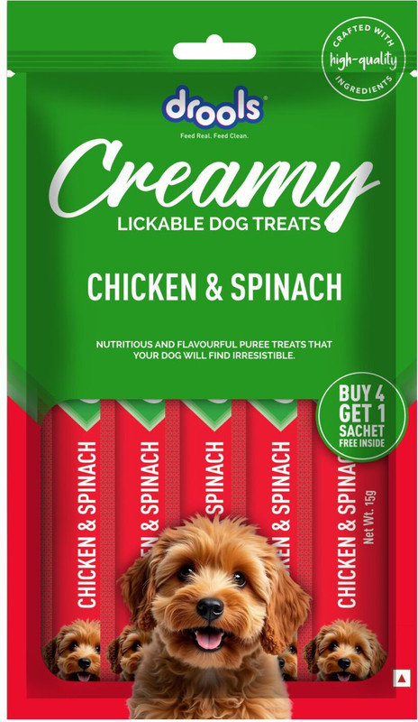 Drools Creamy,Tasty & Nutritious Snack for All Breeds,(15g x 5) Spinach & Chicken Dog Treat(75 g)