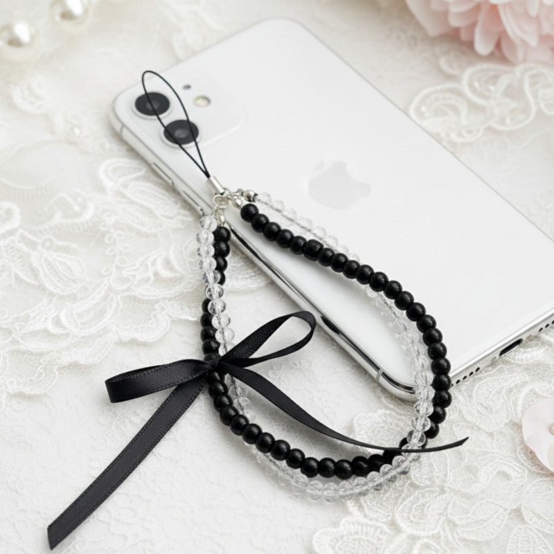 SNOWY SHOP Double Layer Black Bow Hand Strap Mobile Accessory | Cute Keychain for Girls Phone Charm(Black)