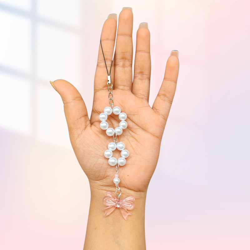RuffleLocks Premium Phone charms- Knot & Pearl Phone Charm(White, Pink)