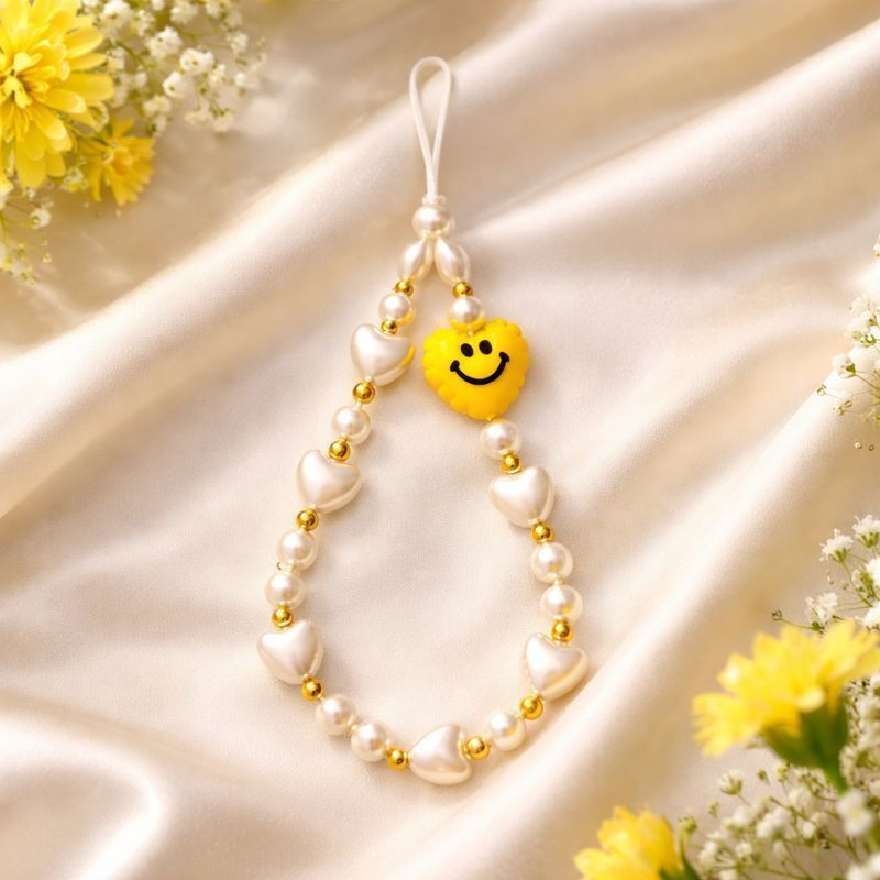 TUBA artistry Phone Charm Phone Strap Pearl and Heart Beads for Women and Girl Mobile Charm Phone Charm(White, Golden)