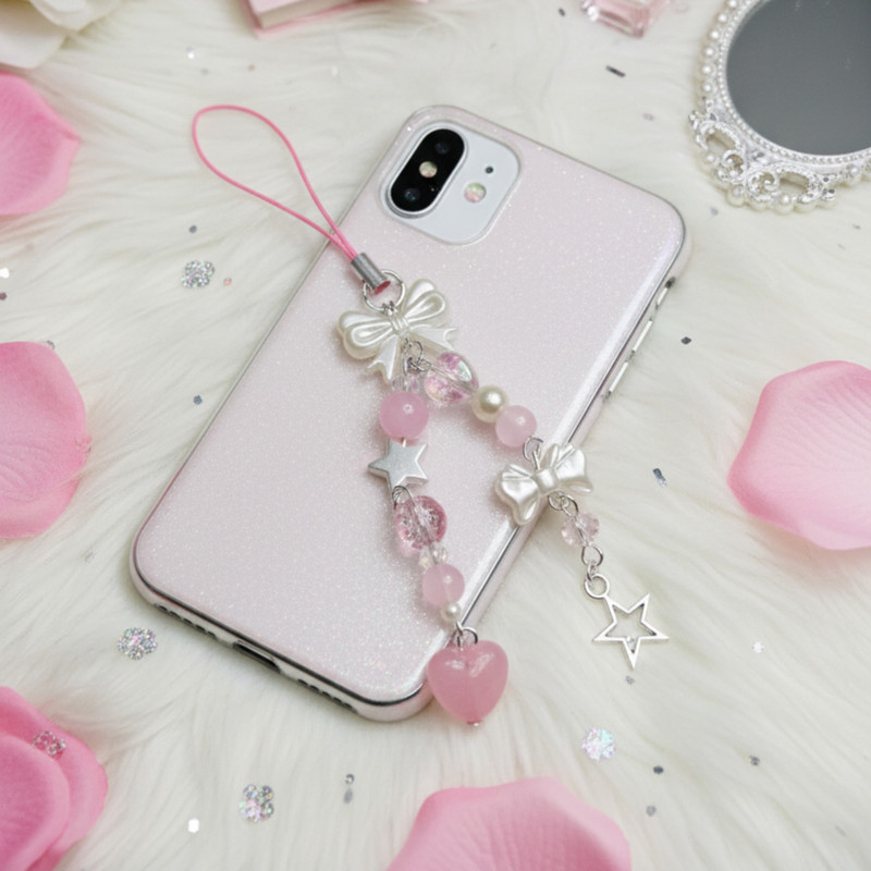 SNOWY SHOP Aesthetic Star Cute Kawaii Mobile Hanging Strap & Bag Keychain for Girls & Women Phone Charm(Baby Pink)
