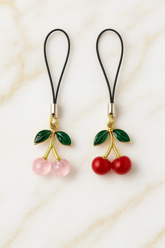 TRENDORA Cute Cherry Mobile Strap Charm for Girls | Phone Hanging Loop Accessory Phone Charm(Red Cherry + Pink Cherry with Green Leaves)