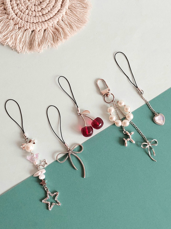 JMS HUB 5 Pcs Moon & Star Korean Hanging Celestial Phone/Bag charms set for Girls Phone Charm(Silver and Red)