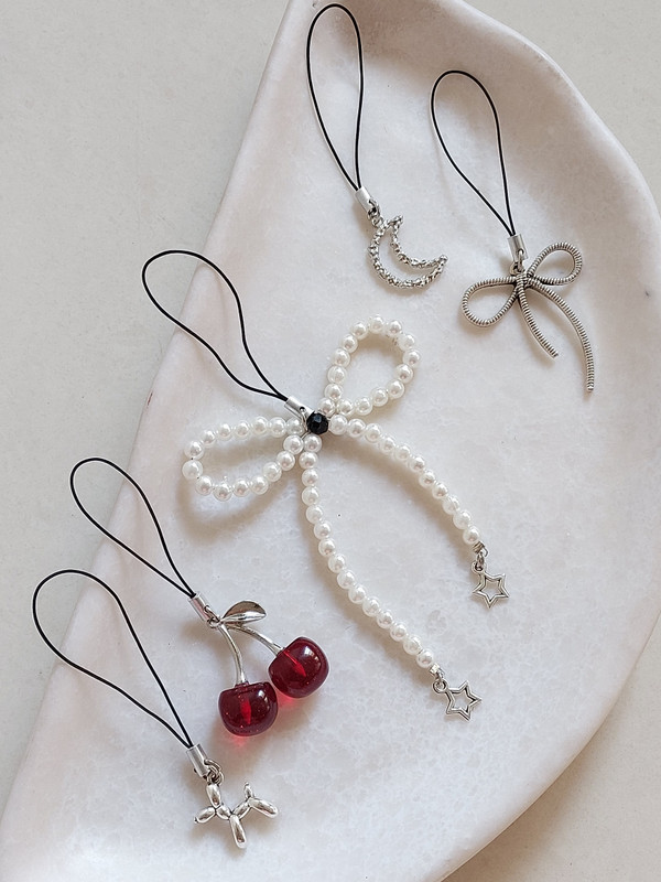 JMS HUB 5 Pcs Phone Silver Bow Hanging Mobile Keychain Bag Strap for Girls Phone charm Phone Charm(Silver White and Red)