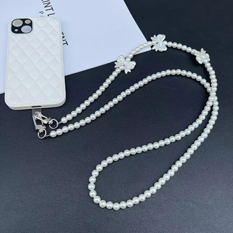 SNOWY SHOP Pearl Phone Lanyard Crossbody Chain – Stylish Silver Mobile Strap for Girls Phone Charm(White)