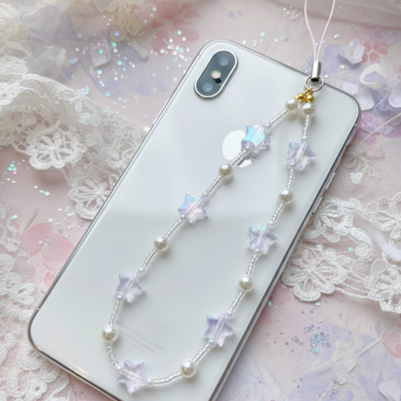 SNOWY SHOP Holographic Star Lanyard – Y2K Aesthetic Mobile Bag Keychain Strap for Girls Phone Charm(White)