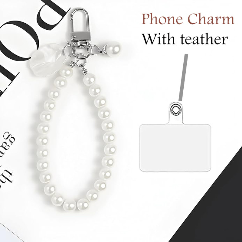 TUBA artistry Pearl Beaded Phone Charm Strap with Tether & Keychain for Girls & Women Phone Charm(White)