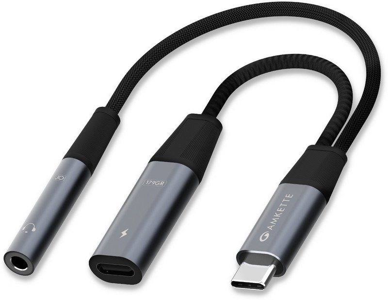 AMKETTE Grey Type-C to 3.5mm Audio Adapter with 60W PD Fast Charging Phone Converter(iOS)