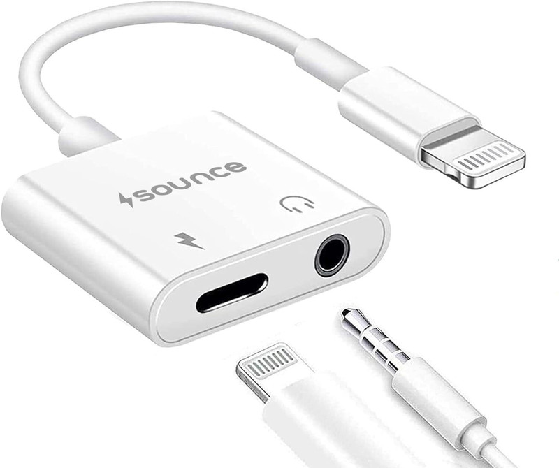sounce White 2 in 1 Lightning to 3.5 mm Headphone Jack Adapter with Charging Port Connector Phone Converter(iOS to Audio & Charging Cable Splitter for iPhone, iPad, Headphone/Earphones)