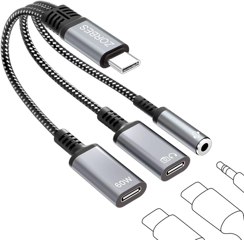 Zorbes Grey 3 in 1 Type C Audio and Charging Connector with 60W PD Fast Charging Phone Converter(N/A)