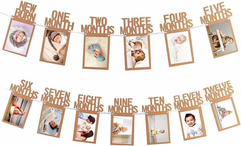 PopTheParty 1st Birthday Baby Photo Banner for Newborn to 12 Months, Baby Shower Gift Banner Photo Booth Board(Birthday)
