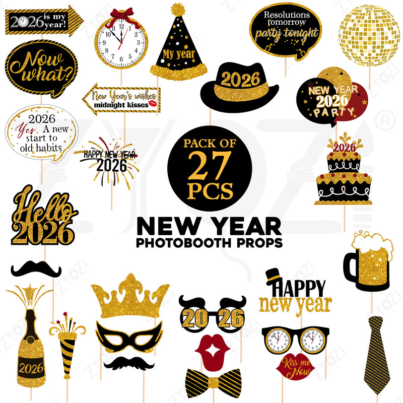 ZYOZI Happy New Year Decorations 2024- New Years Eve Photo Booth Props (27 Pcs) Photo Booth Board(Party)