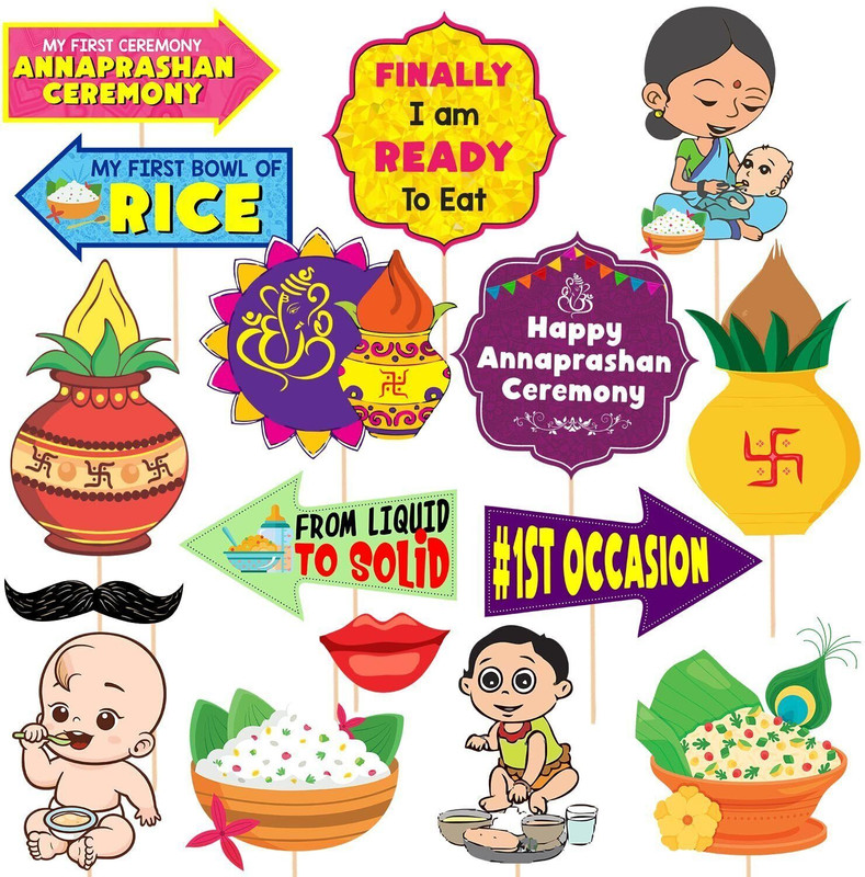 ZYOZI 16 Pcs Annaprasanam Photo Booth Props,Baby Photoshoot Props for Rice Ceremony Photo Booth Board(Party)
