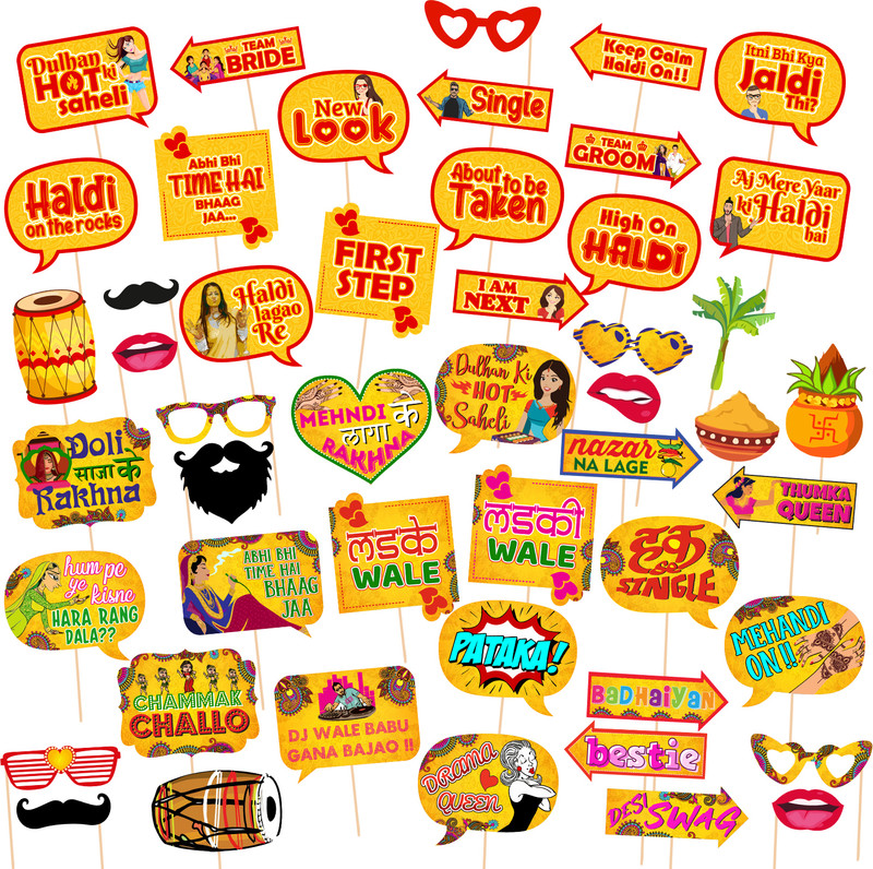 ZYOZIQUE Mehndi Photo Booth Props and Haldi Photo Booth Props for Photoshoot (Pack of 48) Photo Booth Board(Wedding)