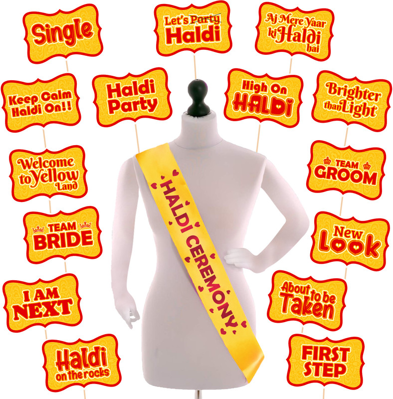 ZYOZI 15 Pcs Haldi Props for Photoshoot With 1 Pc Haldi Ceremony Sash for Wedding Photo Booth Board(Wedding)