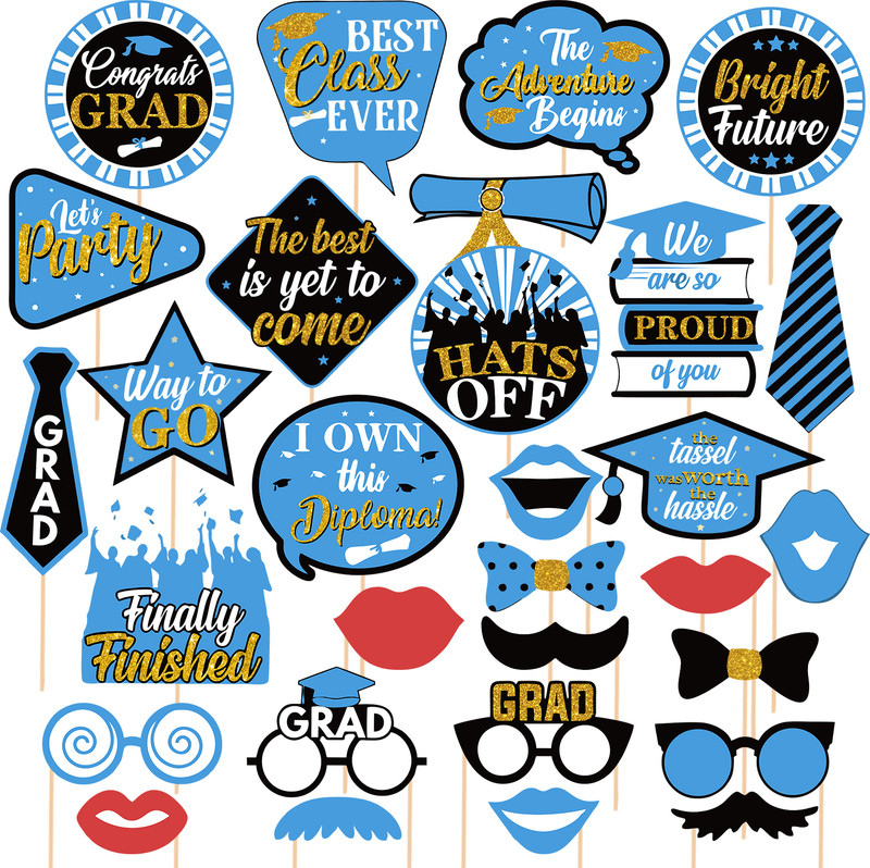 ZYOZI 30 pcs Graduation Photo Booth Props 2023-Blue Graduation Party Decorations 2023 Photo Booth Board(Graduation)