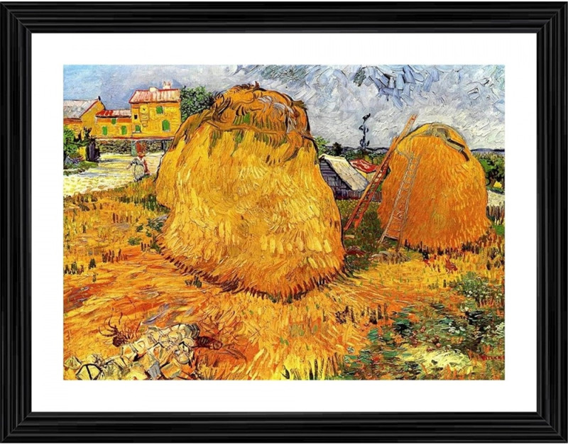 ABSECOM Haystacks in Provence 1888 Painting With Wood Photo Frame 14 inch frame(Multicolor)