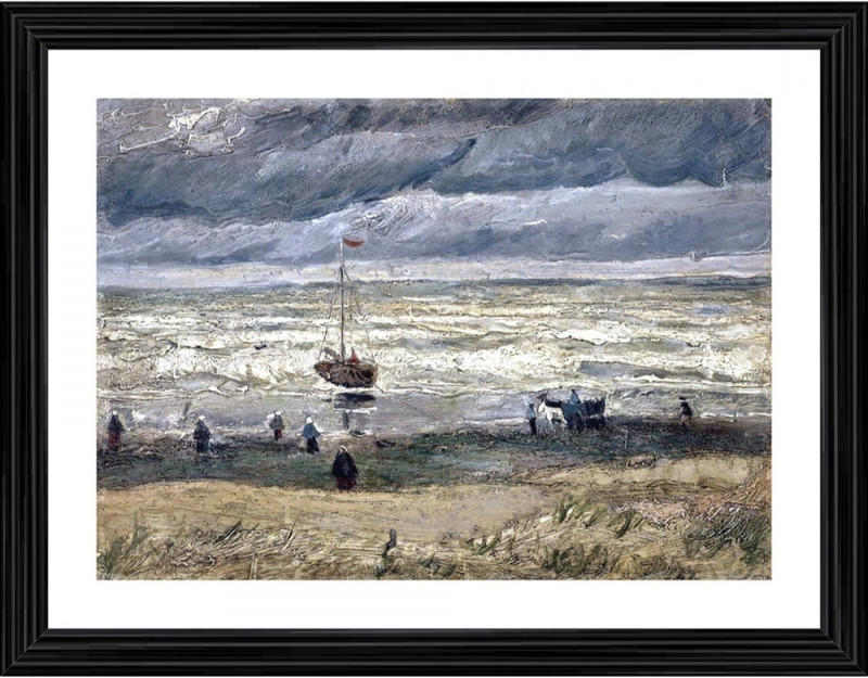 ABSECOM Beach at Scheveningen in Stormy Weather 1882 Painting With Wood Photo Frame 14 inch frame(Multicolor)
