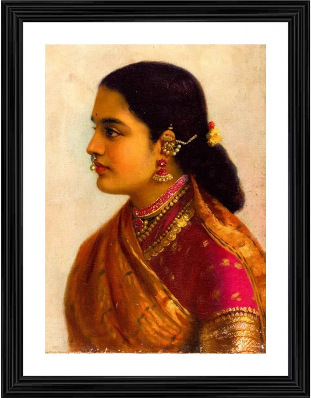 ABSECOM Lady in Crimson Red Saree 1900 Painting With Wood Photo Frame 14 inch frame(Multicolor)