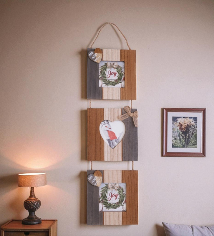 AARVIDECOR Rustic Hanging Photo Frame – 3-in-1 Wooden Wall Decor 6 inch Glitter(Brown)
