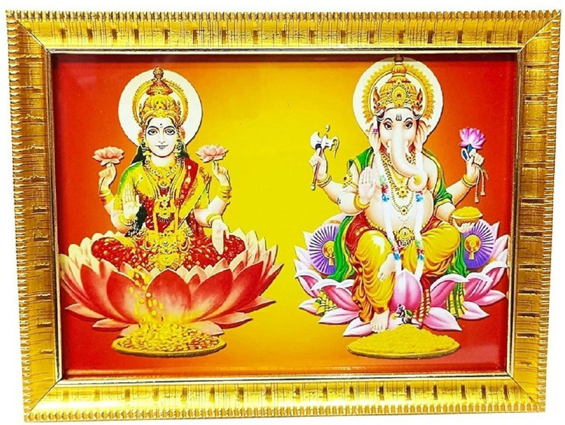 Abhi Online Shop Home Entrance Door Decoration with Frame for Living Room Lord Ganesh 3 inch Laxmi ji/Photo Frame for Worship room Golden Print Photo Frame(Multicolor)