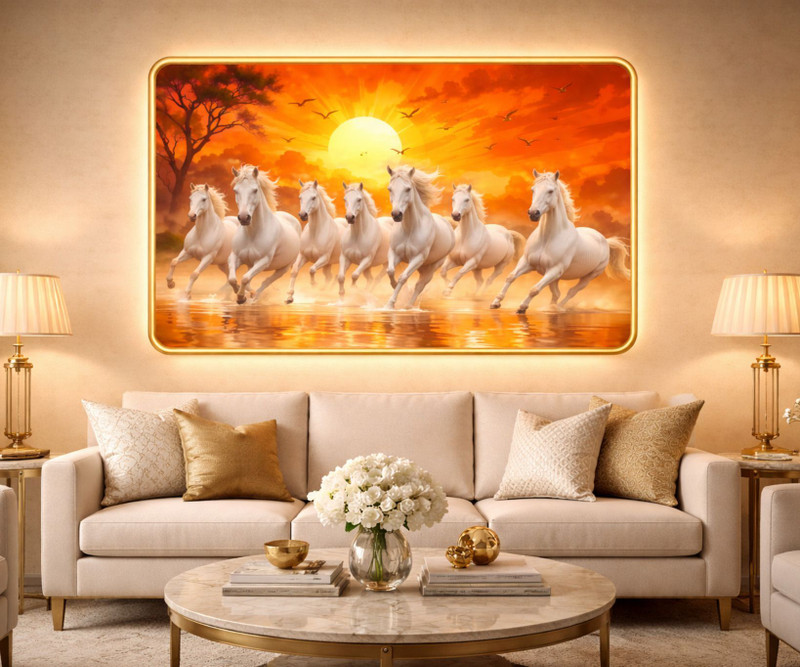 SHREE KRISHNA GALLERY 7 Horsh crystal wall painting, home decor | Gifting | size 12x18 inc 18 inch Mdf golden tone touch frames(Multicolor)