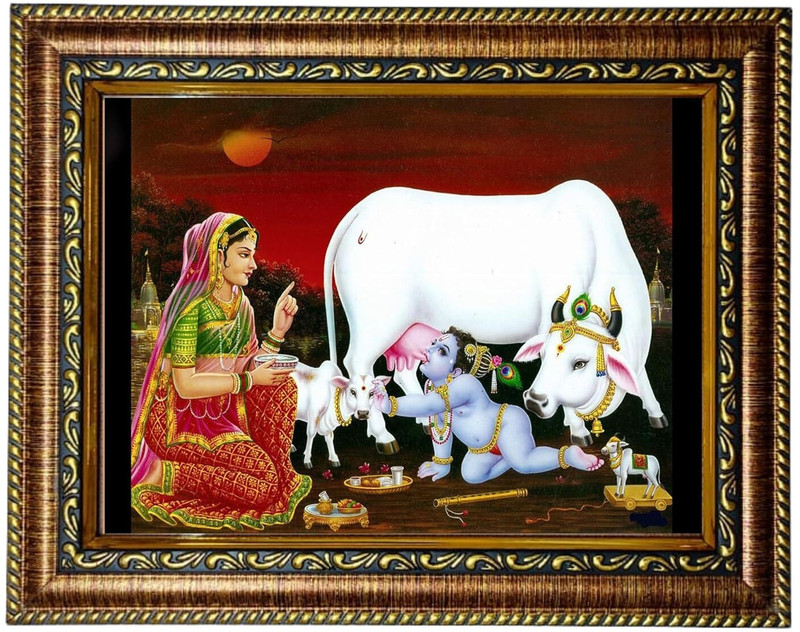 Hitech Yashoda Reprimands Bal Gopal Drinking Milk from Cow's Udder Painting 8 inch Photo Frame(Multicolor)